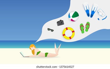 Woman lying on beach to online shopping for items via laptop computer with sea and sky background, flat cartoon illustration vector.