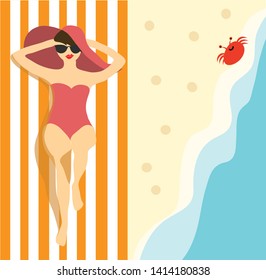 woman lying on the beach at the summer season. Woman get tanned under the sun. Flat character. Summer sea with small crab. Bikini woman enjoying at the beach.