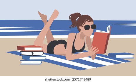 A woman lying on a beach towel, reading a book. She's positioned on the sandy shore with the ocean in the background. Beside her, there's a stack of books, and she's wearing sunglasses.