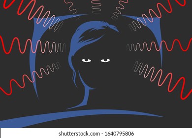 Woman is lying on bed at deep night and can't to sleep because of obsessive thoughts, anxiety, emotional stress and depression, looking with displeasure tiredly at ceiling. Insomnia concept