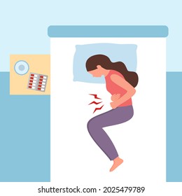 Woman Lying On Bed Feeling Pain In Stomach Concept Vector Illustration. Diarrhea Or Constipation. Abdomen Disease And Illness. Period Pain In Flat Design.