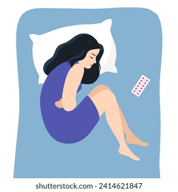 Woman lying on bed feeling pain in stomach concept vector illustration. Period pain or menstrual cramps in flat design.