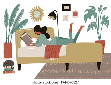 Woman lying on bed in home bedroom and reading a book. Playfully shaking legs. Big soft double bed in room interior with houseplants. Flat style vector illustration isolated on white background.