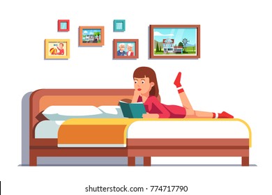 Woman lying on bed in home bedroom and reading a book. Playfully shaking legs. Big double bed in room interior with family picture frames. Flat style vector illustration isolated on white background.