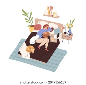 Woman lying on bed with laptop and cats around. Lazy person relaxing in bedroom at home, watching movies at weekend. Leisure time with series. Flat vector illustration isolated on white background