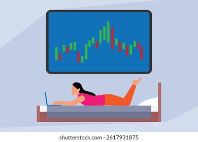 woman lying on a bed using a laptop, with a stock market chart displayed on a large screen above, representing remote trading or investment from home