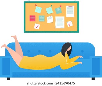 Woman lying on blue sofa working at laptop with bulletin board above. Freelancer female organizing work from home. Efficient planning and remote job vector illustration.