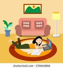 Woman lying on carpet using notebook working from home in living room vector