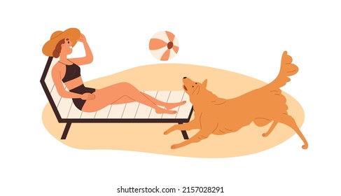 Mujer tendida en el salón chaise, tomando el sol en bikini y sombrero en la playa de arena. Chica con perro relajándose en la cama de sol, tumbona en las vacaciones de verano. Ilustración vectorial plana aislada en fondo blanco