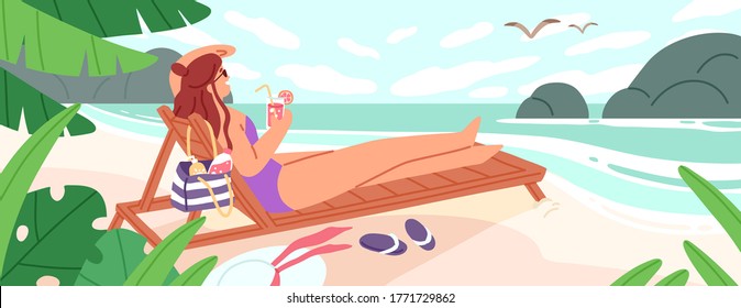 Woman lying on chaise-longue with cocktail at empty beach vector flat illustration. Female in swimsuit enjoying sunbathing having rest near sea. Relaxed girl enjoying calmness at tropical resort