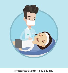 Woman lying on couch in beauty salon and getting cosmetic dermal injection in her face. Doctor making beauty injection to client. Vector flat design illustration in the circle isolated on background.