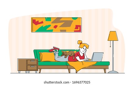 Woman Lying on Couch at Home Working on Laptop with Cat Sleep on her Back. Female Character Freelancer or Student Chatting in Internet, Looking Video Online. Self Isolation. Linear Vector Illustration