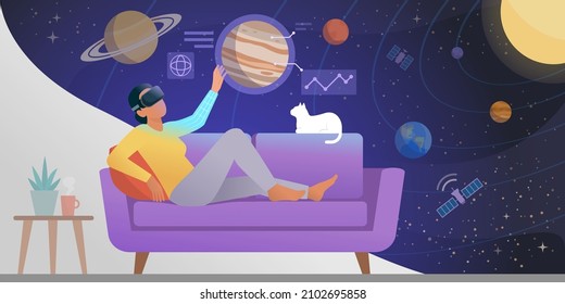 Woman lying on a couch at home and interacting with virtual reality using a VR headset