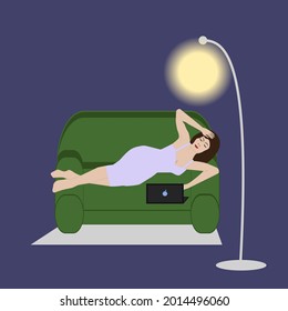 A woman is lying on the couch, reading the evening news on a laptop. Floor lamp night light - vector. Internet addiction. Doom scroll.
