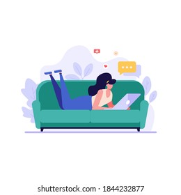 Woman lying on couch, resting, chatting, surfing on internet. Concept of mobile user, rest at home, virtual relationship,  relax, social network. Vector illustration in flat design for ui, web banner