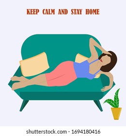 Woman is lying on the couch - vector. Keep calm and Stay home. Quarantine. Self isolation. Mental health Mental well-being. Stay healthy.