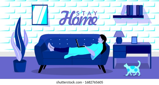 woman lying on the couch Working on a computer, stay at home stay safe. keep calm and work from home,  Freelance, online education or social media concept. flat vector illustration design 