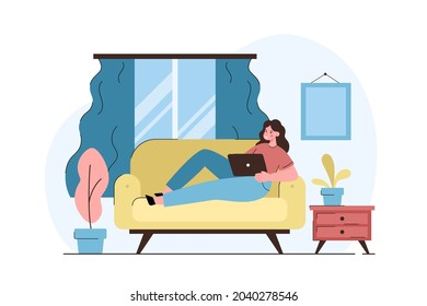 Woman lying on the couch working from home in modern interior. Freelance, self employed or studying concept. Flat vector illustration