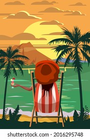 Woman lying on deck chair with cocktail in hand, resort tropical coast. Exotic sea ocean sunset shore sand, palms. Vector illustration retro vintage poster