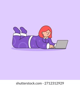 Woman lying on floor using laptop – cozy flat style illustration