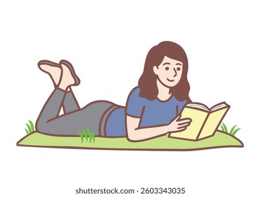 woman lying on grass in park reading book feeling relaxed. Hand drawn style vector design illustrations.
