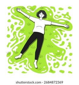 Mujer tendida en la Ilustración vectorial de hierba. Diseño pacífico y de Ocio