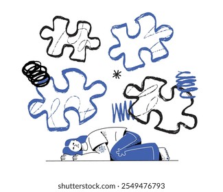 The woman is lying on the ground, feeling lost and tired. A metaphor of being overwhelmed by life's difficulties, presented in the form of scattered puzzle pieces.