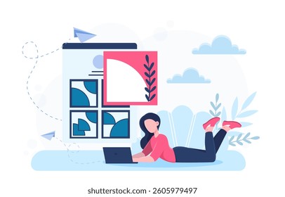 Woman lying on ground using laptop, with website design elements around her, in flat graphic style on abstract background. Concept of remote work creativity. Vector illustration