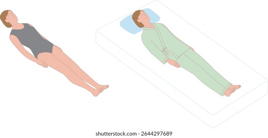 A woman lying on her back. A vector illustration seen from diagonally above in patient clothing and underwear.