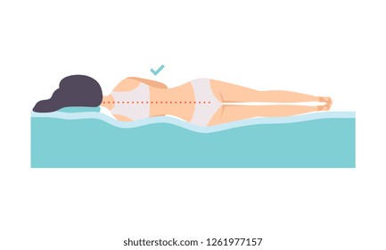 Woman lying on her side, correct sleeping posture for neck and spine, healthy sleeping position, orthopedic mattress and pillow vector Illustration