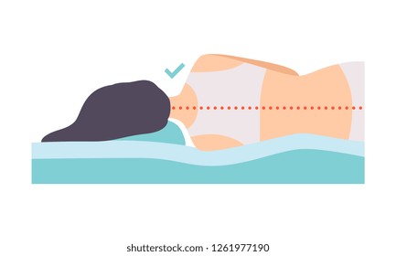 Woman lying on her side, seen from behind, correct sleeping posture for neck and spine, healthy sleeping position, orthopedic mattress and pillow vector Illustration