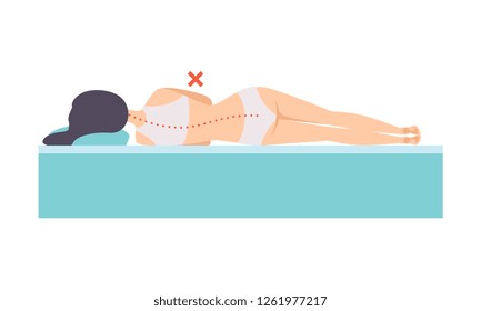 Woman lying on her side, seen from behind, incorrect sleeping posture for neck and spine, unhealthy sleeping position vector Illustration