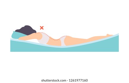 Woman lying on her stomach, incorrect sleeping posture for neck and spine, unhealthy sleeping position vector Illustration