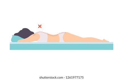 Woman lying on her stomach, side view, incorrect sleeping posture for neck and spine, unhealthy sleeping position vector Illustration