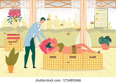 Mujer mintiendo sobre Hive teniendo tratamiento de abejas. Procedimiento Médico Natural, Enfermedad y Enfermedad de Abeja Voladora, Chica en traje de baño. Ilustración del vector de dibujos planos de almohada al paciente.