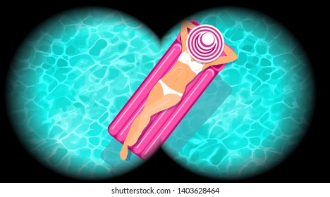 woman lying on the inflatable mattress, in the swimming pool, sunbathing, relaxing, binoculars view, vector illustration