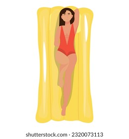 Woman lying on inflatable mattress against white background, top
