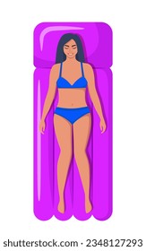Woman lying on inflatable mattress against white background, top view. Vector illustration