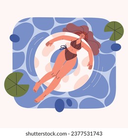 Woman lying on inflatable ring in swimming pool. Girl in bikini rest, relax, sunbathing on circle on water. Sea resort. Summer holiday travel, beach activities. Flat isolated vector illustration