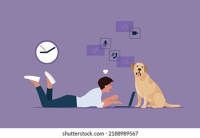 Woman lying on with notebook in living room.
