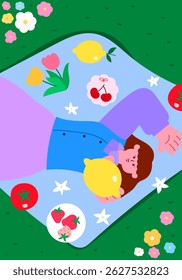 woman lying on picnic blanket and holding a lemon. relaxing outdoor lifestyle, fresh summer vibes, healthy living concept, flat vector illustration
