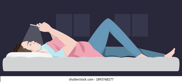 a woman lying on a smartphone in the dark she closed her eyes because of the bright light vector illustration