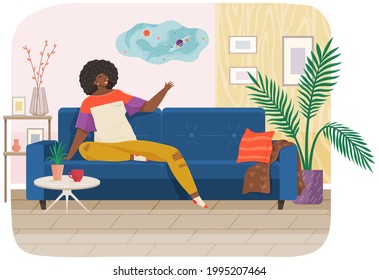 Woman lying on sofa in apartment. Happy young girl relaxing, dreaming. Rest on couch and think about something. Home leisure. Female lies on divan and smiles, enjoying time at home after work