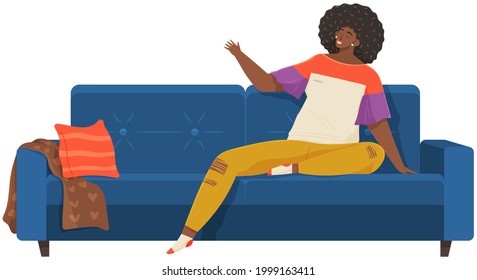 Woman lying on sofa in apartment. Happy young girl relaxing, dreaming. Rest on couch and think about something. Home leisure. Female lies on divan and smiles, enjoying time at home after work