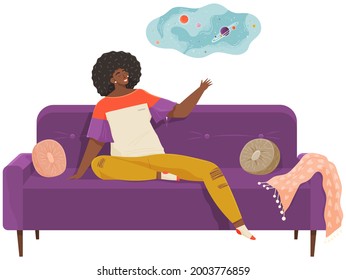 Woman lying on sofa in apartment. Happy young girl relaxing, dreaming. Rest on couch and think about something. Home leisure. Female lies on divan and smiles, enjoying time at home after work