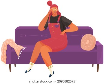 Woman lying on sofa in apartment. Happy young girl relaxing, dreaming. Rest on couch and think about something. Home leisure. Female lies on divan and smiles, enjoying time at home after work