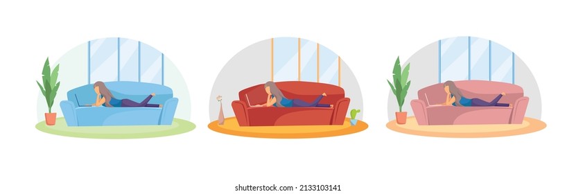 A woman is lying on the sofa. Distance learning, freelance, online. Home office concept. Vector illustration of a cartoon. Set in different shades.
