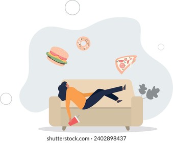 woman lying on the sofa and eating fast food, obesity and lifestyle concept.flat vector illustration.