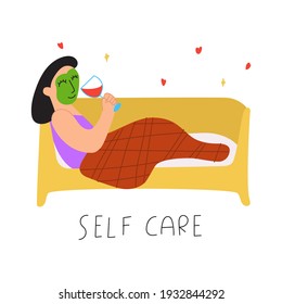 Woman lying on sofa with glass of wine with beauty mask on her face. Self care. Illustration on white background.