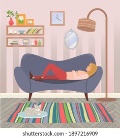 Woman lying on the sofa. Happy smile girl relaxing. Relax on couch and dream. Mother resting. Home leisure. Female character lies on the divan and smiles, dreams, sees a happy dream in livingroom